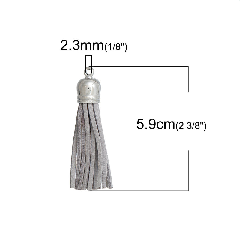 10 HEATHER GREY Suede Tassel Charm Pendants, silver topper, 57mm long (about 2.25") cho0164