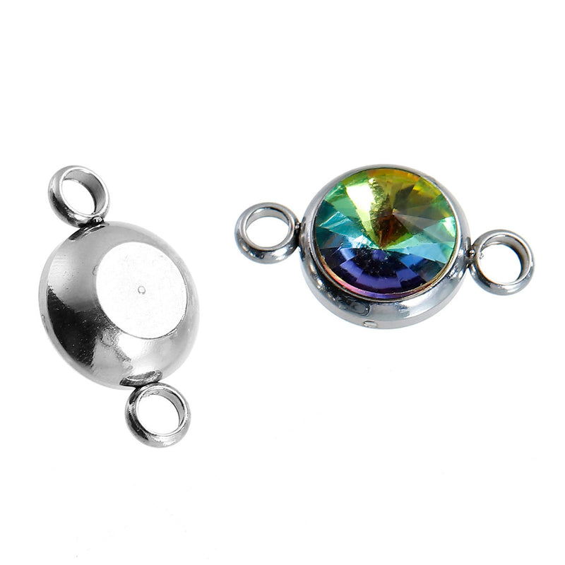 2 Stainless Steel Rhinestone Connector Link Charms, Rainbow AB Crystal in Center, 17x10mm, chs2676