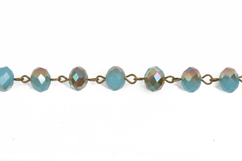 1 yard Turquoise Blue AB Crystal Rondelle Rosary Chain, bronze, 10mm faceted rondelle glass beads, fch0564a