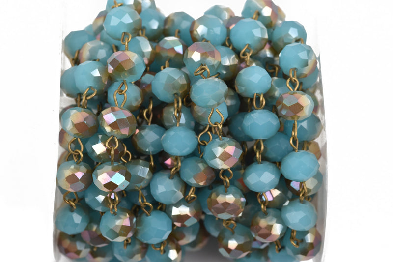 1 yard Turquoise Blue AB Crystal Rondelle Rosary Chain, bronze, 10mm faceted rondelle glass beads, fch0564a