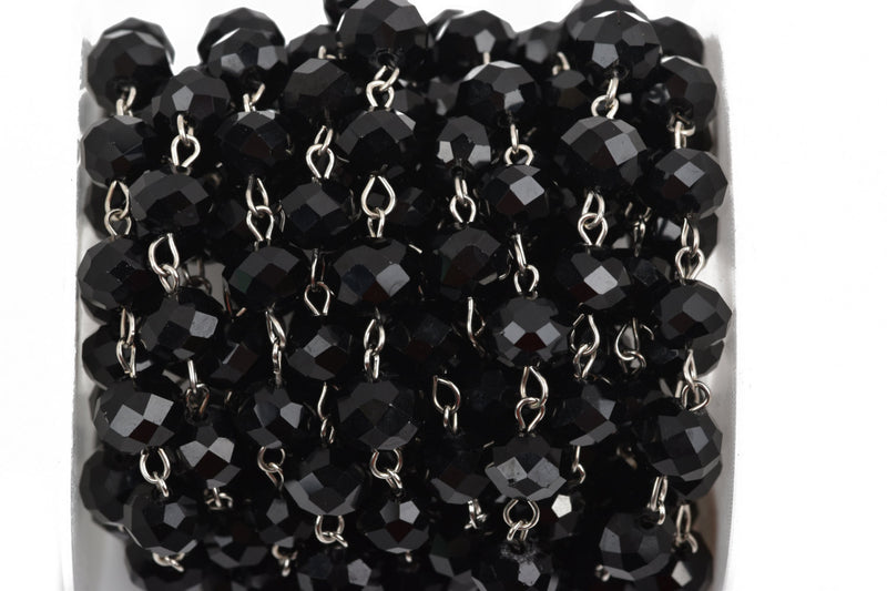 1 yard BLACK Crystal Rondelle Rosary Chain, silver, 10mm faceted rondelle glass beads, fch0565a