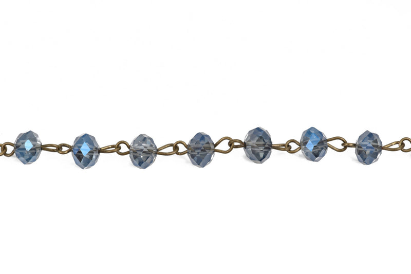 13 feet (4.33 yards) Blue AB Crystal Rondelle Rosary Chain, bronze, 12mm faceted rondelle glass beads, fch0567b