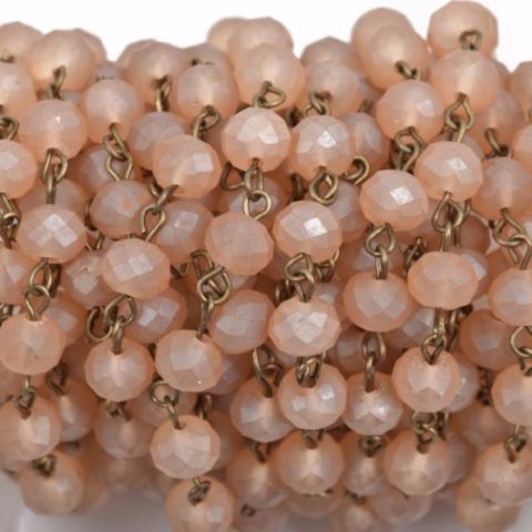 1 yard (3 feet) FROSTED CARAMEL PEACH Crystal Rondelle Rosary Chain, bronze, 8mm faceted rondelle glass beads, fch0569a