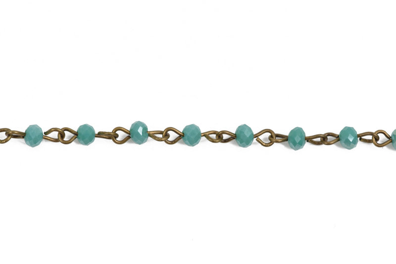 13 feet (4.33 yards) TURQUOISE Crystal Rosary Chain, bronze wire, 4mm rondelle faceted crystal beads, fch0571b