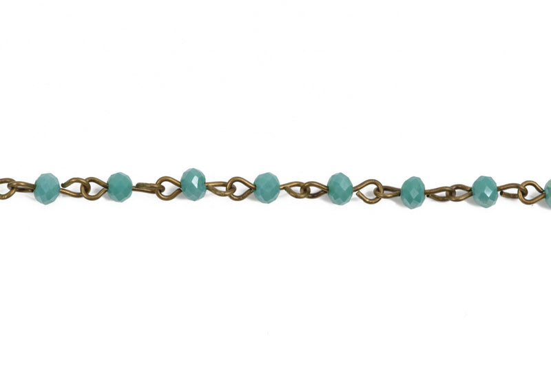 1 yard TURQUOISE Crystal Rosary Chain, bronze wire, 4mm rondelle faceted crystal beads, fch0571a