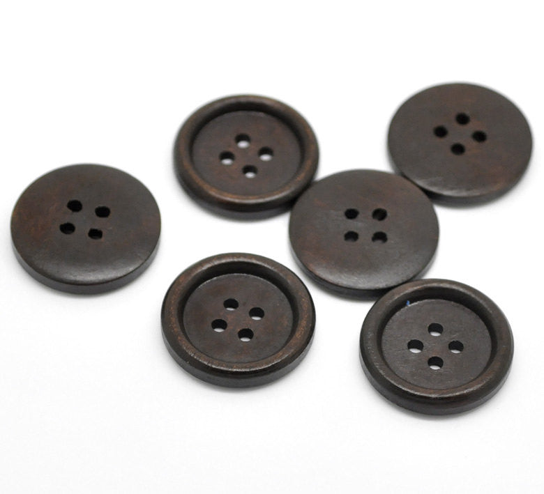 50 Large Wood Buttons, 25mm or 1" diameter dark coffee wood color, but0260
