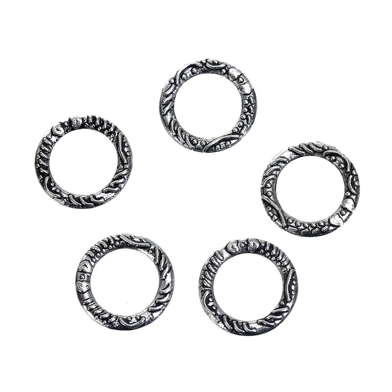 50 Silver Plated Metal Textured CIRCLE RING Connectors, Decorative Design, 14mm, chs2683