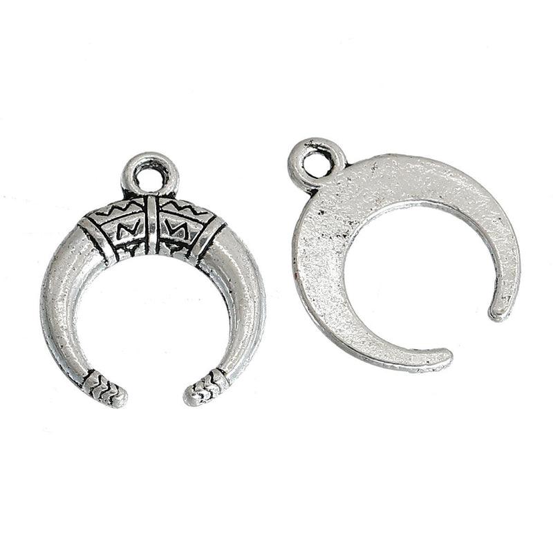 10 HORN Charm Pendants, Antique Silver Metal, Double Horn, Crescent Moon Charms, Atlantis jewelry, 18x15mm, chs2685a