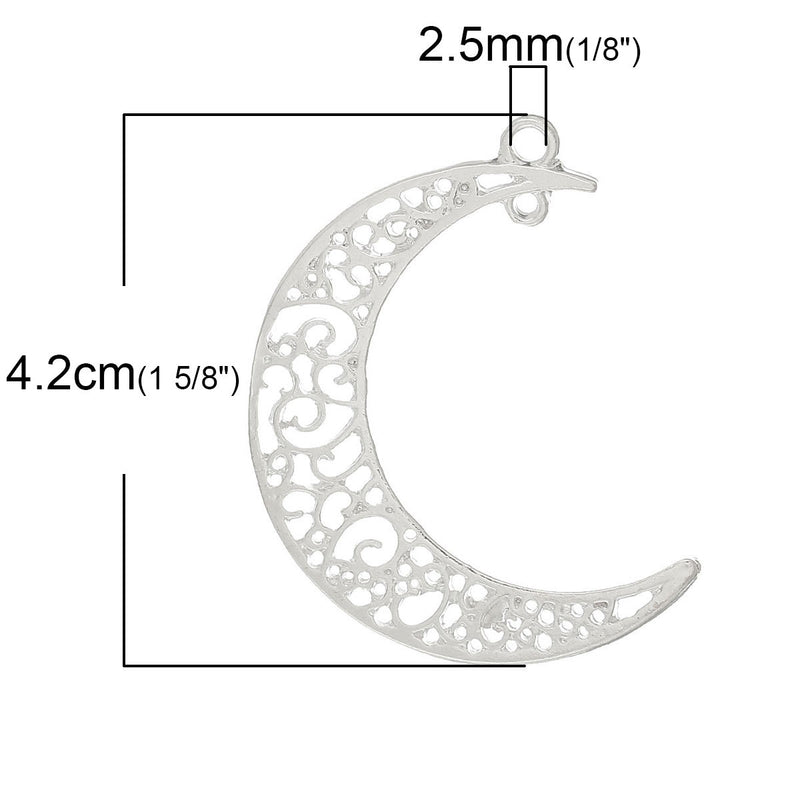 5 Filigree Crescent Moon Pendants, Bright Silver Plated Metal, Crescent Moon Charms, 1-5/8" long chs2686