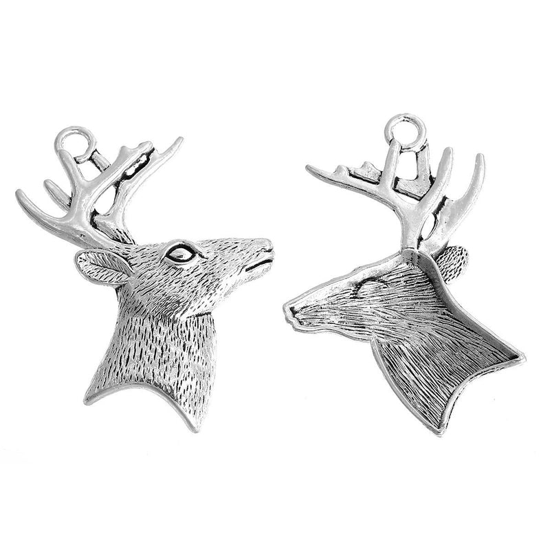 2 DEER BUCK Pendant Charms, stag, large reindeer, silver tone metal,  2-3/8" chs2687