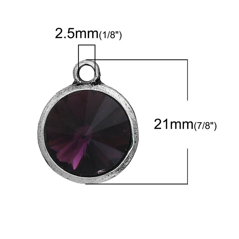 2 Purple Amethyst Rivoli Charms, Crystal Glass in Silver Bezel, 21x17mm, chs2690