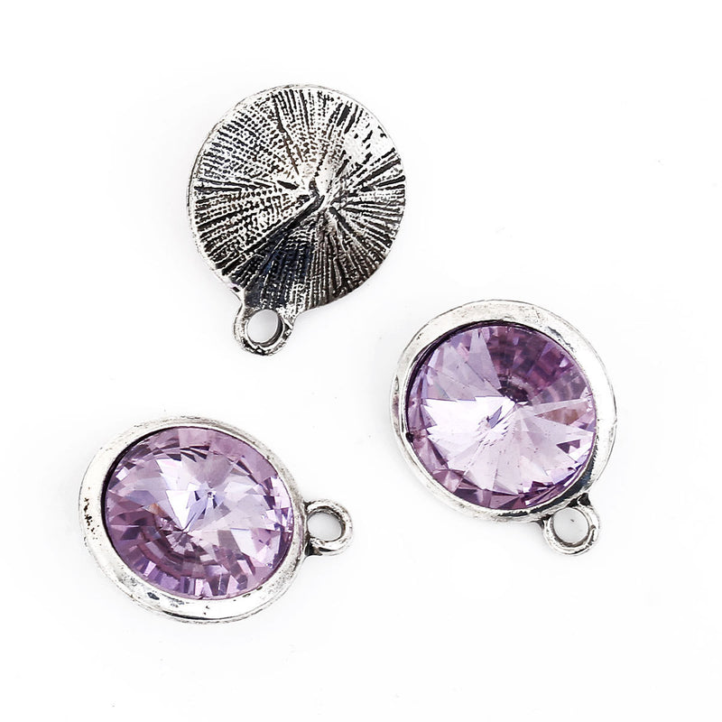 2 Lavender Tanzanite Rivoli Charms, Crystal Glass in Silver Bezel, 21x17mm, chs2692