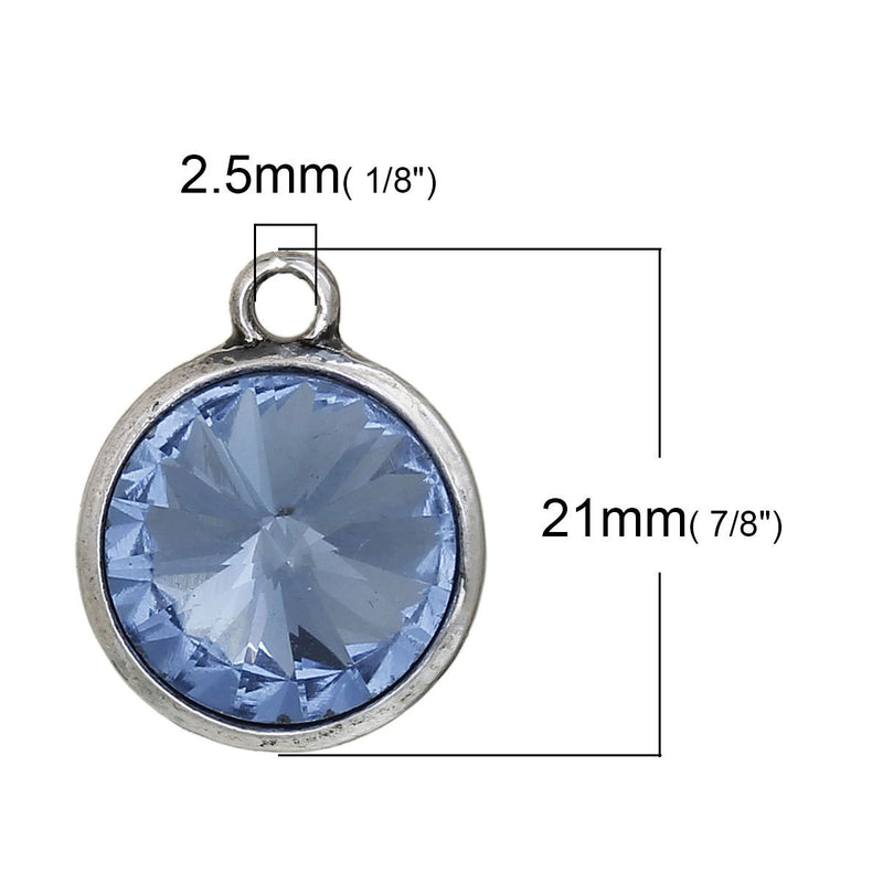 2 Aquamarine Blue Rivoli Charms, Crystal Glass in Silver Bezel, 21x17mm, chs2694