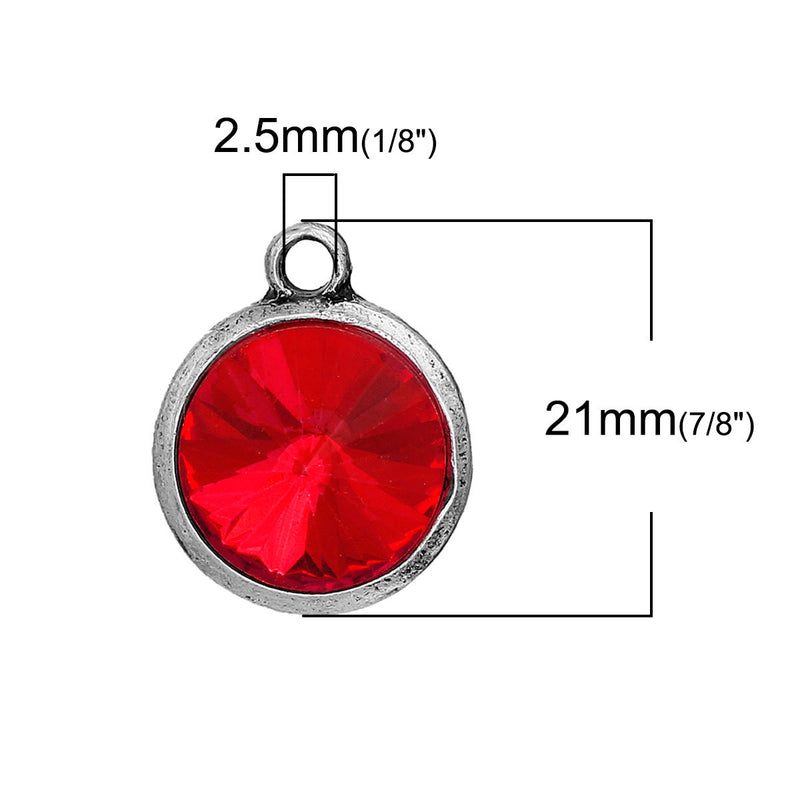 2 Light Red Siam Rivoli Charms, Crystal Glass in Silver Bezel, 21x17mm, chs2695