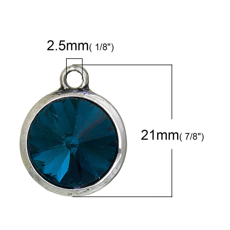 2 Zircon Blue Rivoli Charms, Crystal Glass in Silver Bezel, 21x17mm, chs2698