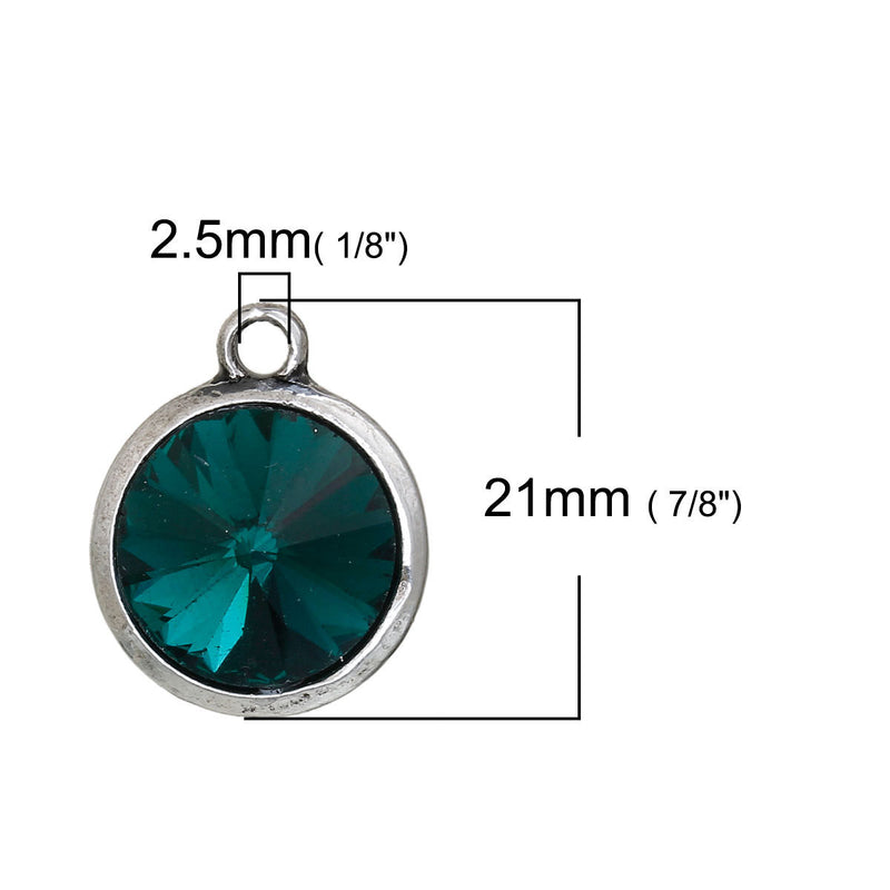2 Emerald Green Rivoli Charms, Crystal Glass in Silver Bezel, 21x17mm, chs2699