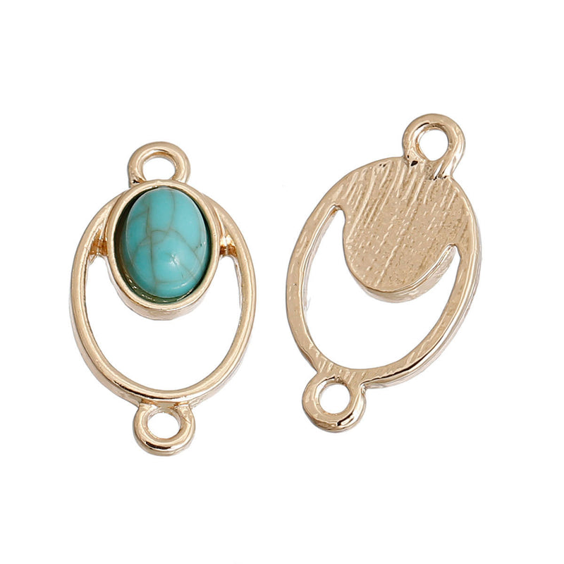 5 Gold Oval Charm Pendants, 2-hole connector links, oval faux turquoise cabochon, gold metal, 23x13mm, chg0506