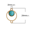 5 Gold Circle Charm Pendants, 2-hole connector links, round faux turquoise cabochon, gold metal, 24x17mm, chg0508