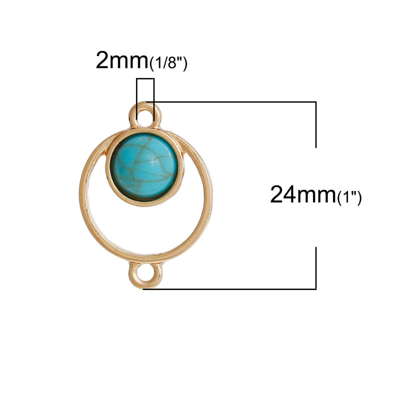 5 Gold Circle Charm Pendants, 2-hole connector links, round faux turquoise cabochon, gold metal, 24x17mm, chg0508