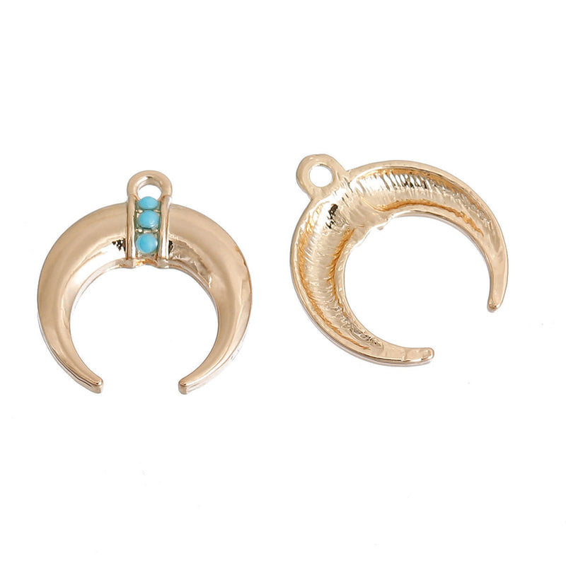 5 Gold Double Horn Charm Pendants, crescent moon charms, faux turquoise cabochons, 18x16mm, chg0509