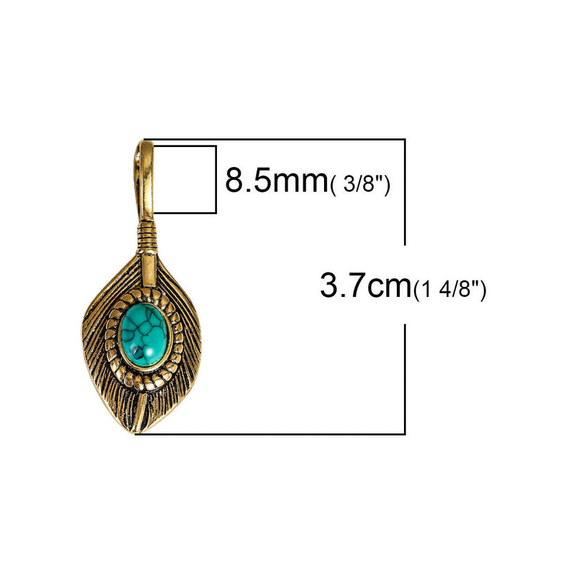 2 Gold Feather Charm Pendants, faux turquoise cabochon, gold oxidized plated metal, 37x15mm, chg0512