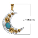 CRESCENT MOON Pendant, Silver with gold flowers and turquoise blue cabochon, textured metal, 2-3/4" chs2702