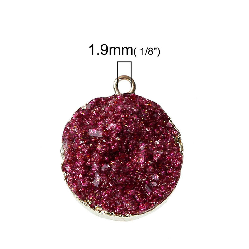 2 Gold Plated Faux Druzy Charm Pendants, Magenta Hot Pink Resin Druzy, 22x18mm, chg0516