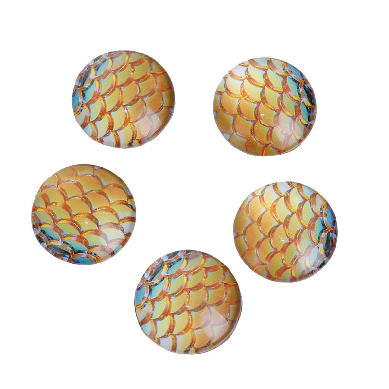 10 MERMAID Fish Scales Glass Dome Cabochons, Golden Yellow, Round Glas