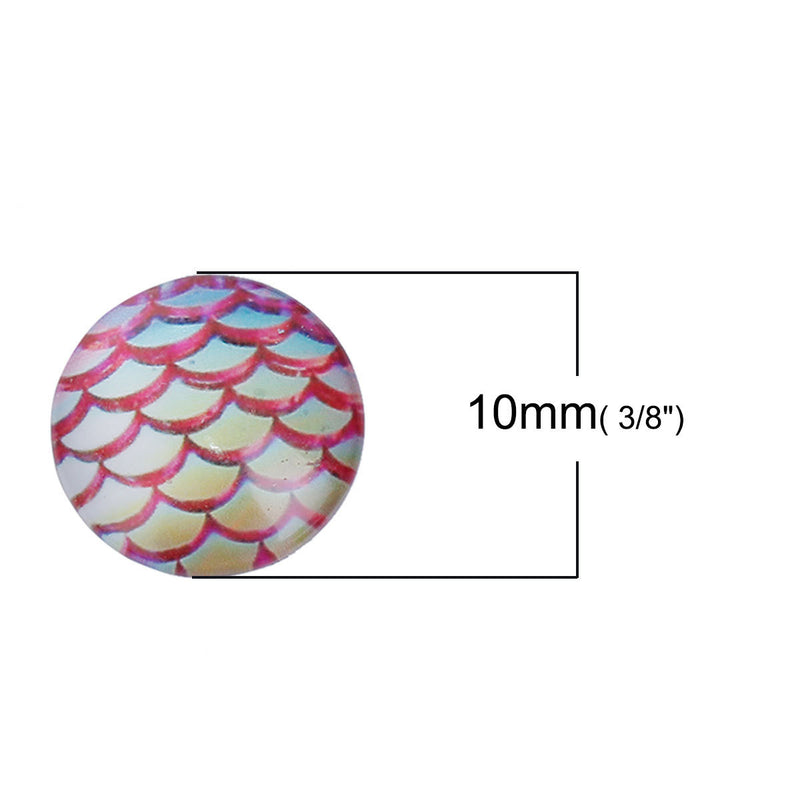 10 MERMAID Fish Scales Glass Dome Cabochons, Pink and Yellow, Round Glass Dome Seals Cabochons, 10mm  (about 3/8" diameter)  cab0515