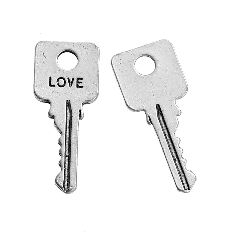 10 Silver LOVE KEY Charms, Antiqued Silver Metal with Love stamped on one side, 25x10mm, chs2703