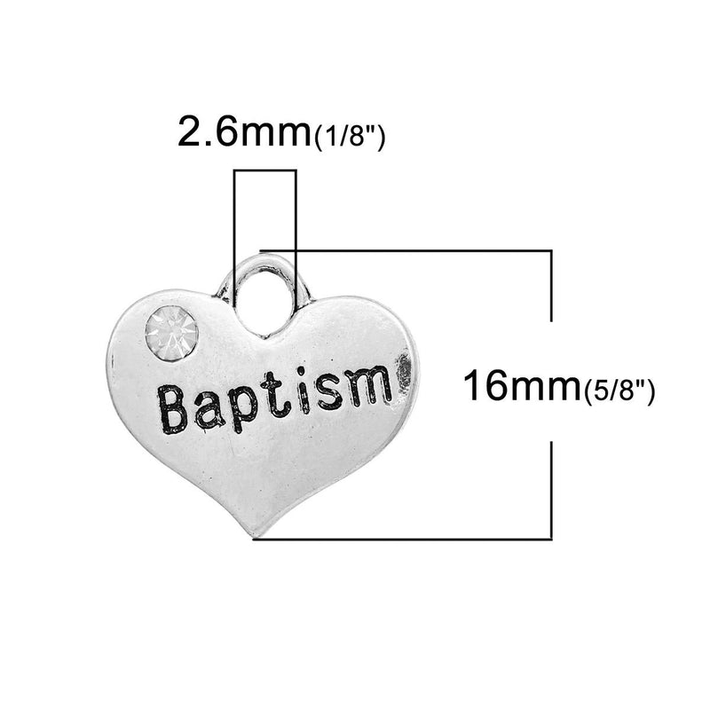 1 Antique Silver Rhinestone "Baptism" Heart Charm Pendant 16x14mm  chs2705