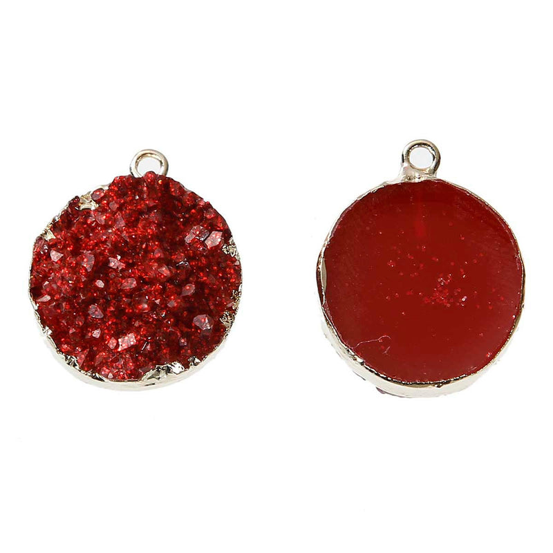 2 Gold Plated Faux Druzy Charm Pendants, RED SPARKLE Resin Druzy, 22x18mm, chg0519