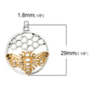 5 QUEEN BEE Circle Honeycomb Charm Pendants, silver circle shaped base with gold bee, 29x25mm, chs2713