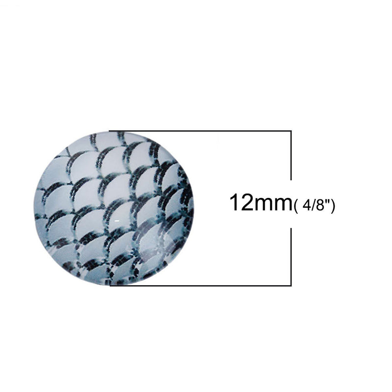 10 MERMAID Fish Scales Glass Dome Cabochons, Grey, Round Glass Dome Seals Cabochons, 12mm  (about 1/2" diameter)  cab0519
