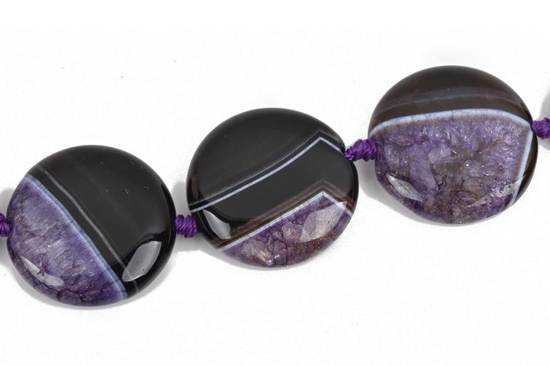 35mm PURPLE and BLACK AGATE Round Coin Gemstone Beads, Geode Gemstone Beads, 11 beads, gag0301