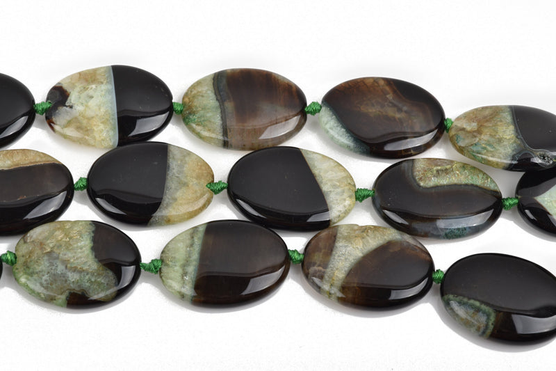 34x25mm GREEN and BLACK AGATE Oval Gemstone Beads, Geode Gemstone Beads, 11 beads, gag0300