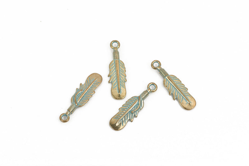 10 Gold Patina FEATHER Charms, Light Gold verdigris feather charms, Gold verdigris green feather pendants, 27x8mm, 1-1/8" long, chg0582