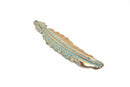 5 Gold FEATHER Charms, Light Gold with green patina metal charms, gold verdigris feather pendants, 77x16mm, 3" long chg0584