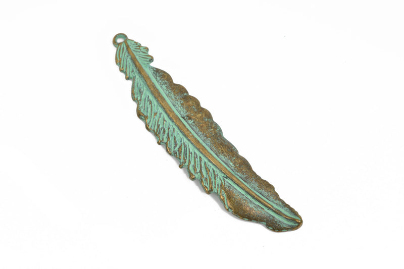 5 Bronze FEATHER Charms, Bronze with green patina metal charms, Bronze verdigris feather pendants, 77x16mm, 3" long chb0507