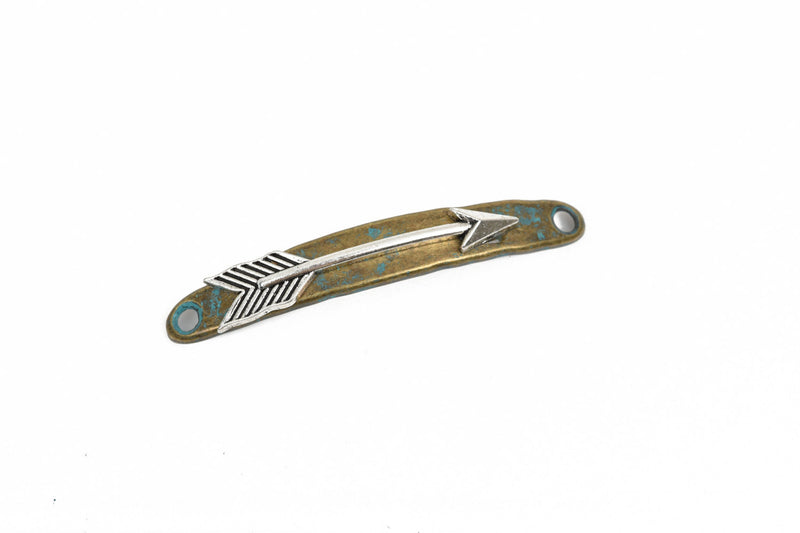 5 ARROW Bracelet Connector Links, bronze base with silver arrow, green verdigris patina, curved bracelet charms, 54x8mm, chb0509