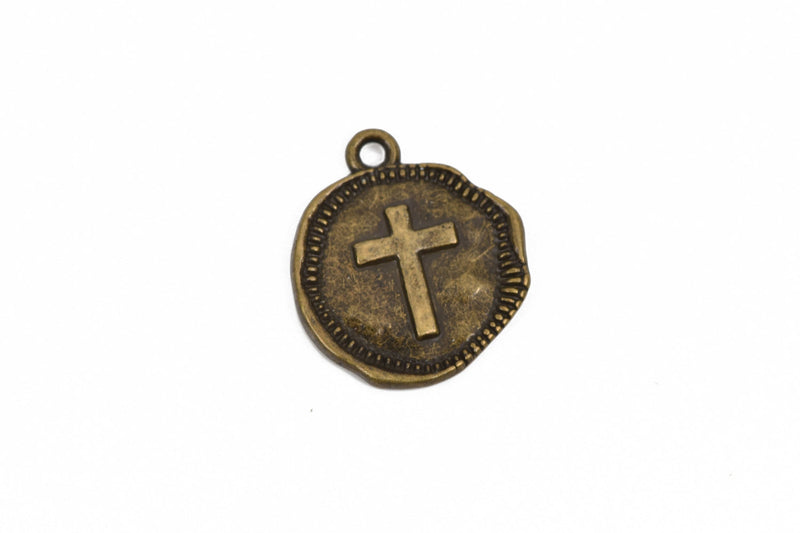 10 Bronze Coin Relic Charm Pendants, Cross with wax seal, round coin charms, 22x19mm, chb0510