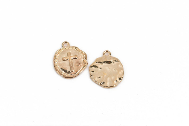 10 Light Gold Coin Relic Charm Pendants, Cross with wax seal, round coin charms, 22x19mm, chg0589