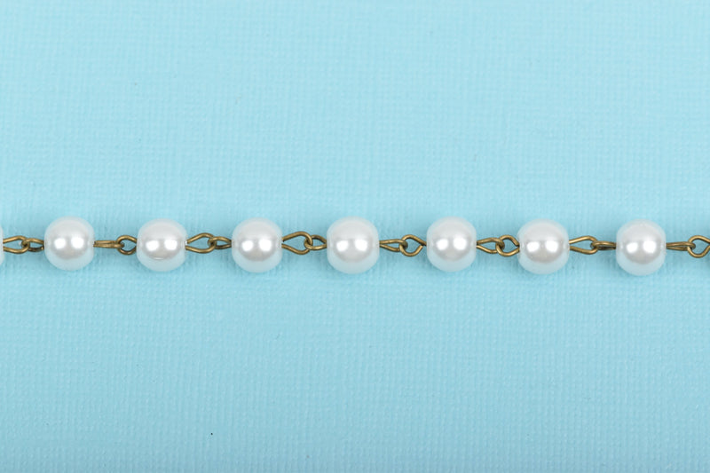 13 feet spool White Pearl Rosary Chain, bronze links, 8mm round glass pearl beads, fch0242b
