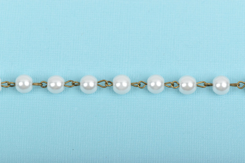 1 yard White Pearl Rosary Chain, bronze, 8mm round glass pearl beads, fch0242a