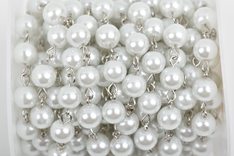 1 yard White Pearl Rosary Chain, silver links, 8mm round glass pearl beads, fch0240a