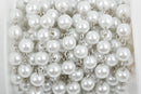 13 feet (4 meters) White Pearl Rosary Chain, silver, 8mm round glass pearl beads, on spool, fch0240b