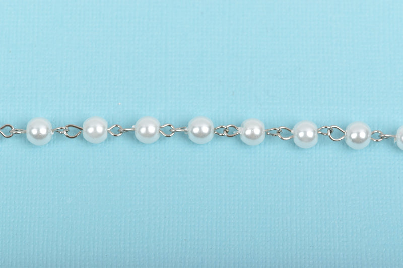 1 yard White Pearl Rosary Chain, silver, 6mm round glass pearl beads, fch0237a