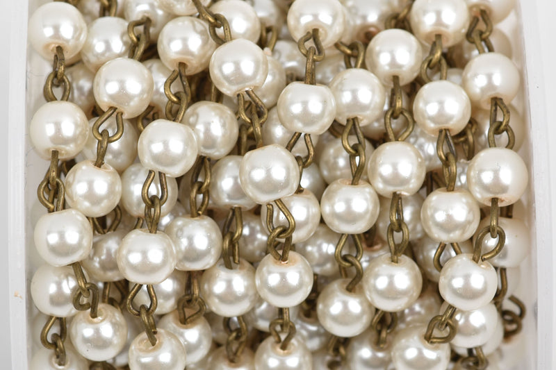 1 yard Ivory Off White Pearl Rosary Chain, bronze, 6mm round glass pearl beads, fch0416a