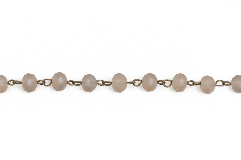 1 yard (3 feet) FROSTED GREY Crystal Rondelle Rosary Chain, bronze links, 8mm faceted rondelle glass beads, fch0576a