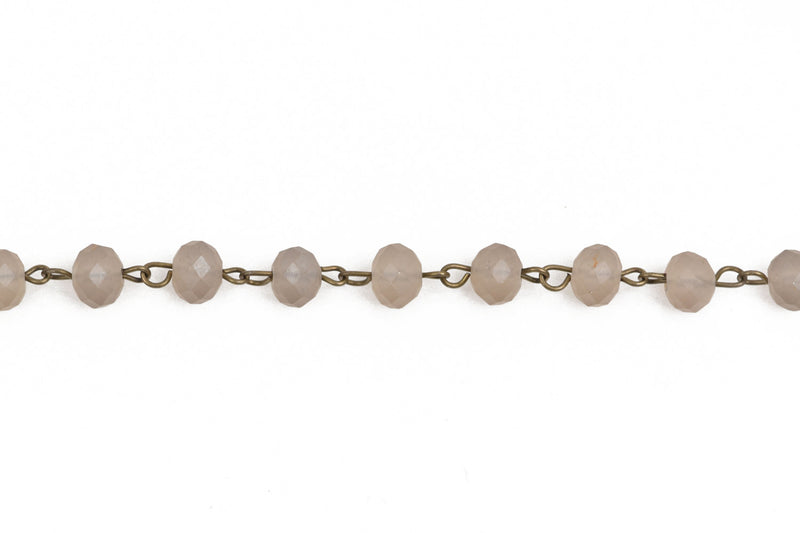 13 feet (4.33 yards) FROSTED GREY Crystal Rondelle Rosary Chain, bronze links, 8mm faceted rondelle glass beads, fch0576b